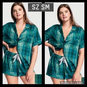 Victoria’s secret PINK shorts & button down shirt pj’s teal green buffalo check